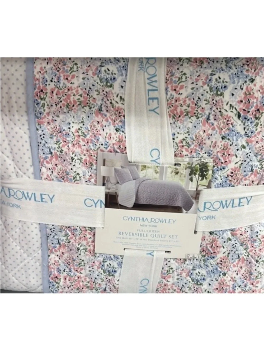 Cynthia Rowley Pink, White and Blue Floral Full/Queen Quilt Set 88”x92”
